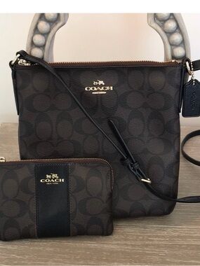 Coach Brown and Black Signature Crossbody with Matching Wallet